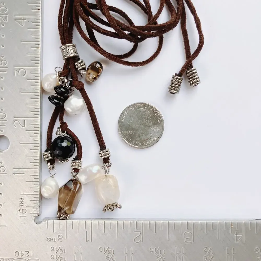 VTG Gemstone Freshwater Pearls Long Necklace Spinel Quartz Tourmaline Suede Boho